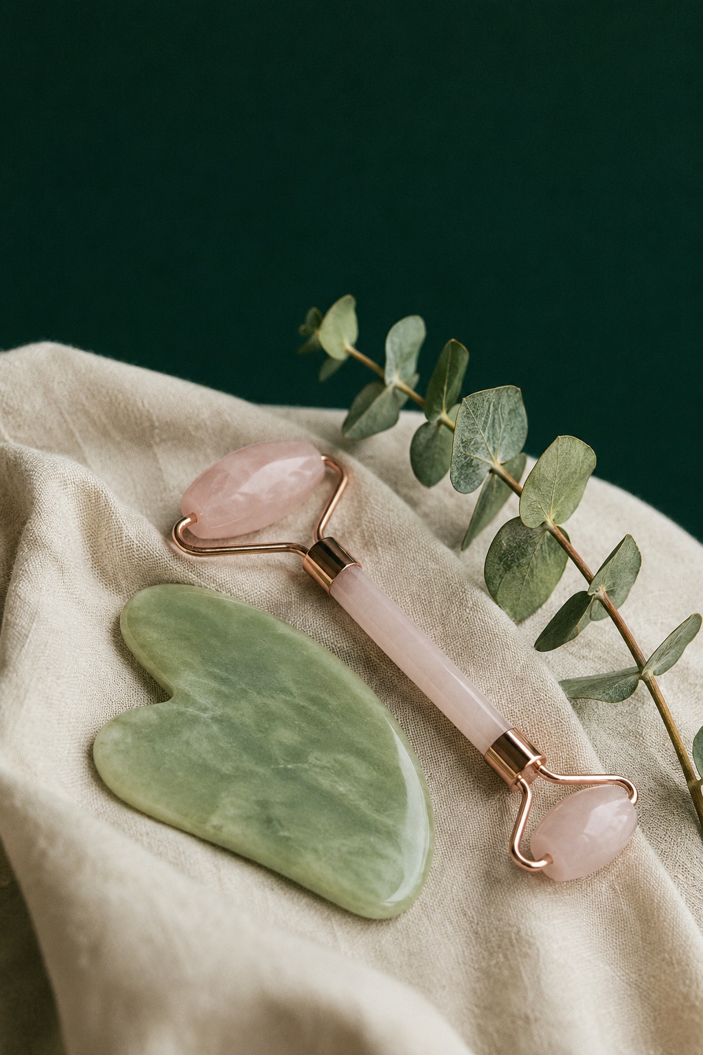 Jade gua sha and rose quartz tools on linen in warm light