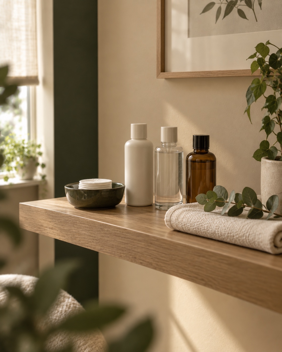 Folded towel and skincare on a calm surface in soft daylight