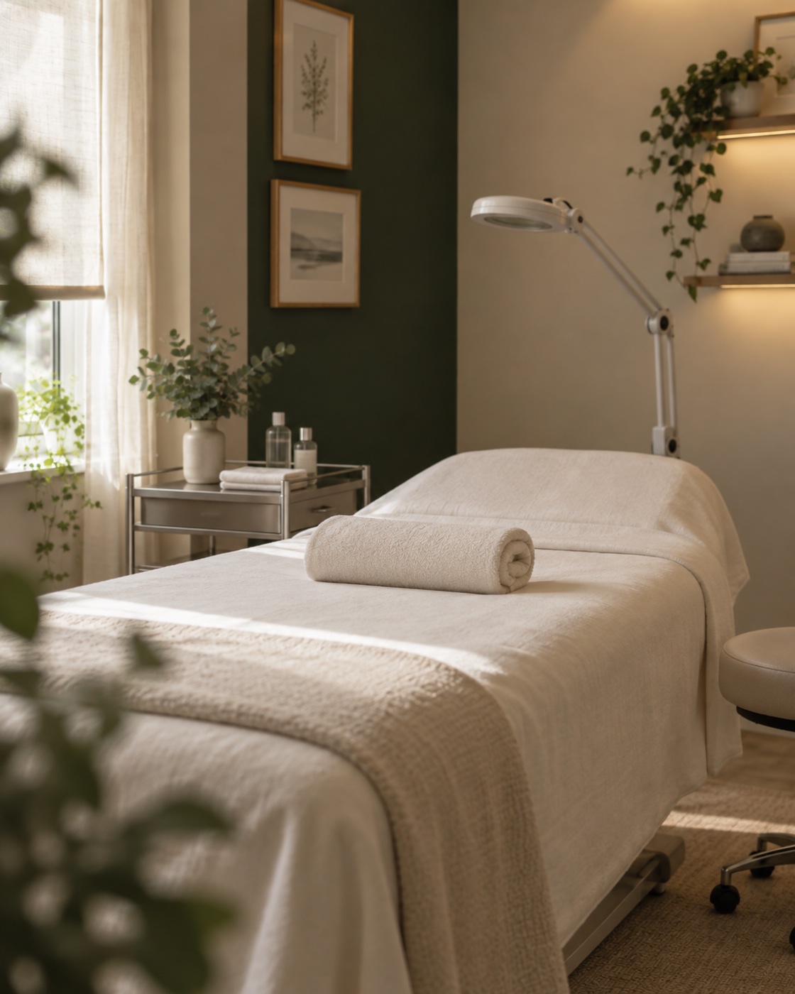 A prepared treatment room with clean linen and instruments laid out
