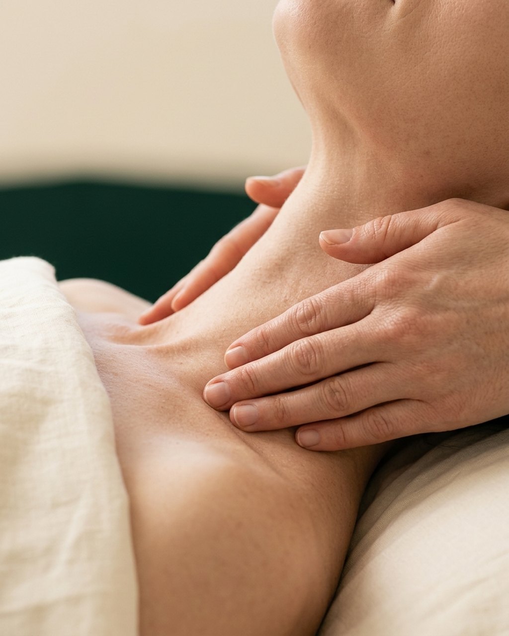 Hands working along the neck and jaw during a face fitness massage in a treatment room