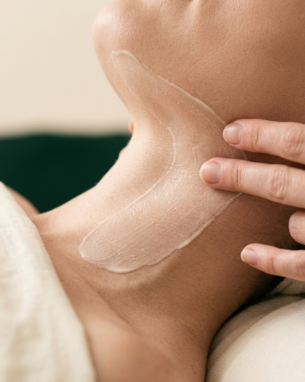 A thin layer of product being smoothed along the jaw during a skin treatment in a treatment room